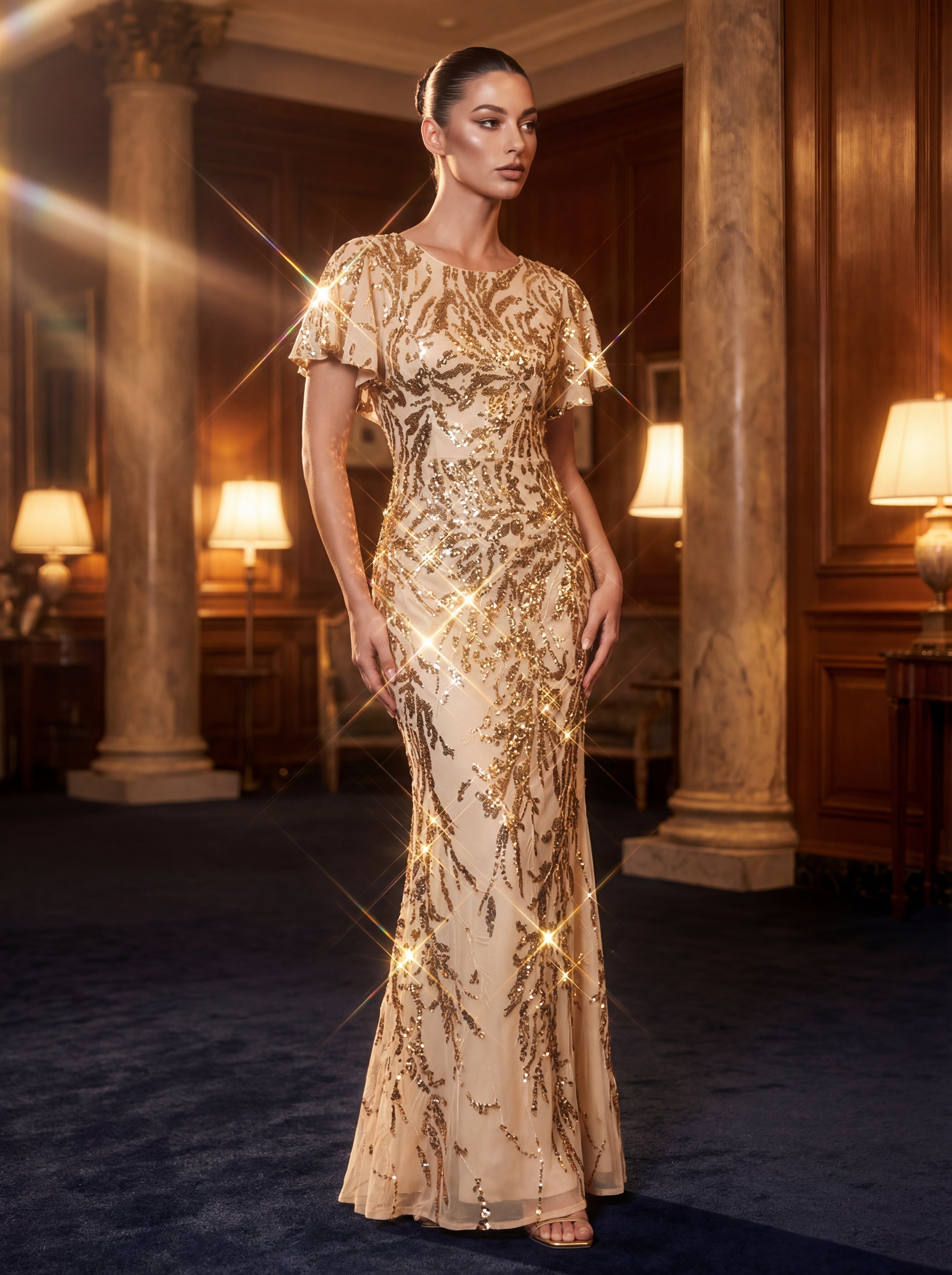 Volume Discounts Short Sleeve Sequin Fishtail High Stretch Round Neck Evening Dresses