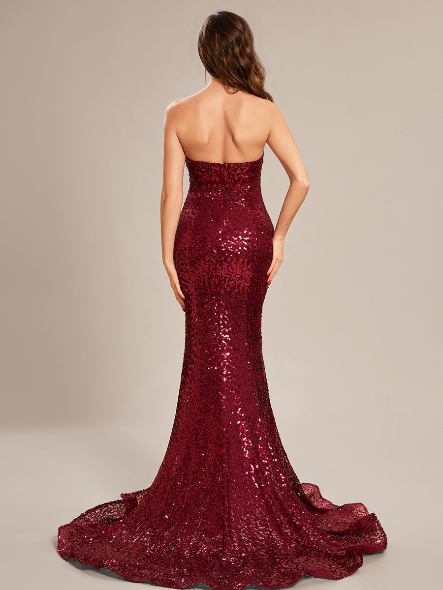 Color=Burgundy | Custom Sequin Strapless Sweetheart Fishtail Wholesale Prom Dress-Burgundy 2