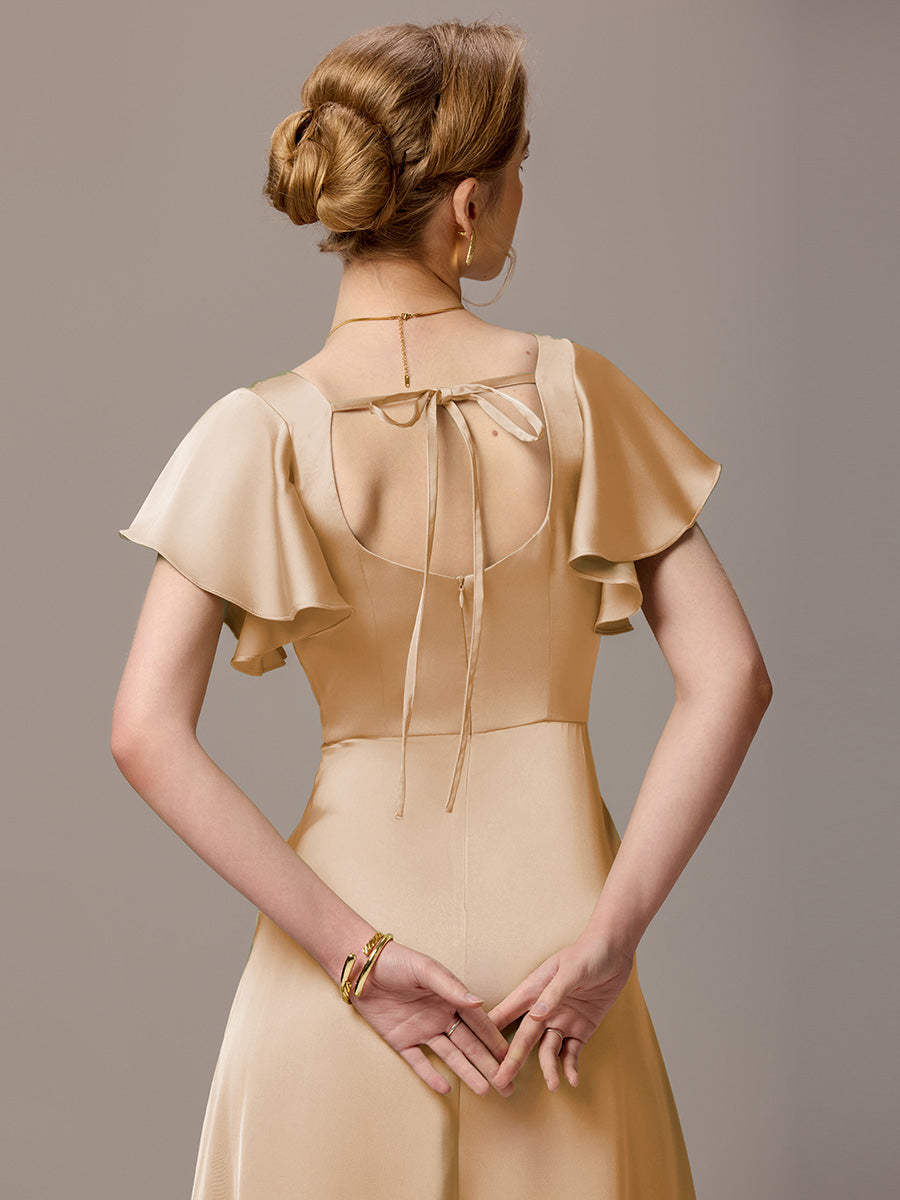 Color=Champagne | Customized Satin Square Neck Short Sleeve Ruffled Maxi Bridesmaid Dress with Pockets-Champagne 8