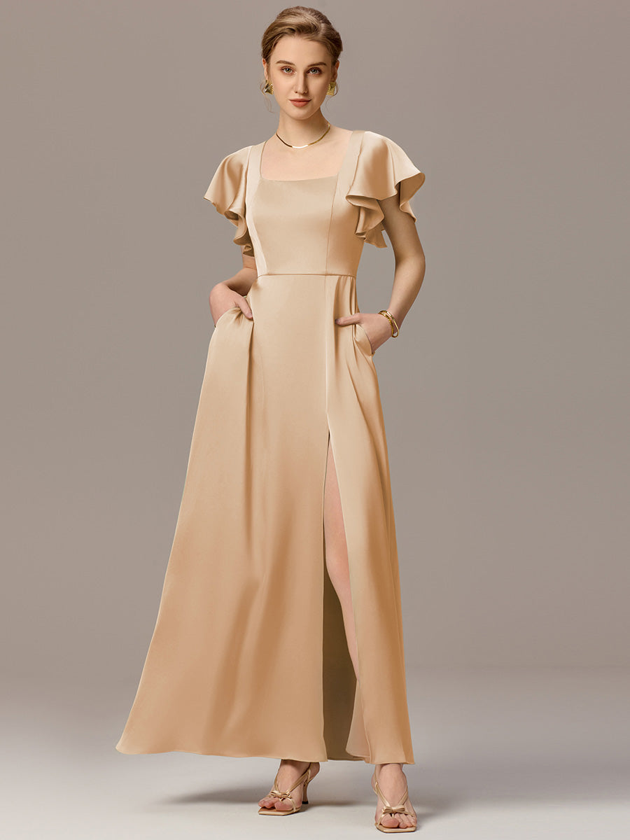 Color=Champagne | Customized Satin Square Neck Short Sleeve Ruffled Maxi Bridesmaid Dress with Pockets-Champagne 10