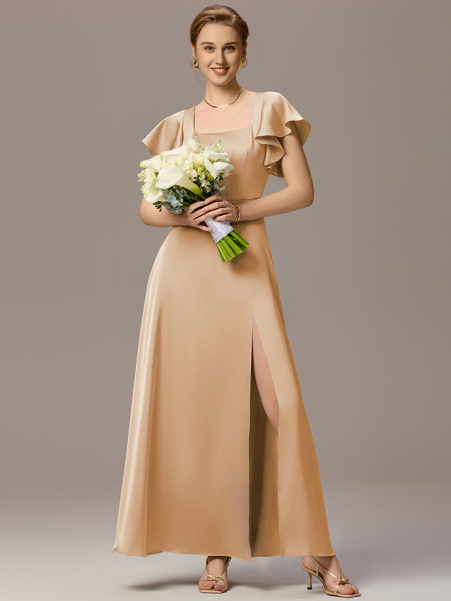 Color=Champagne | Customized Satin Square Neck Short Sleeve Ruffled Maxi Bridesmaid Dress with Pockets-Champagne 11
