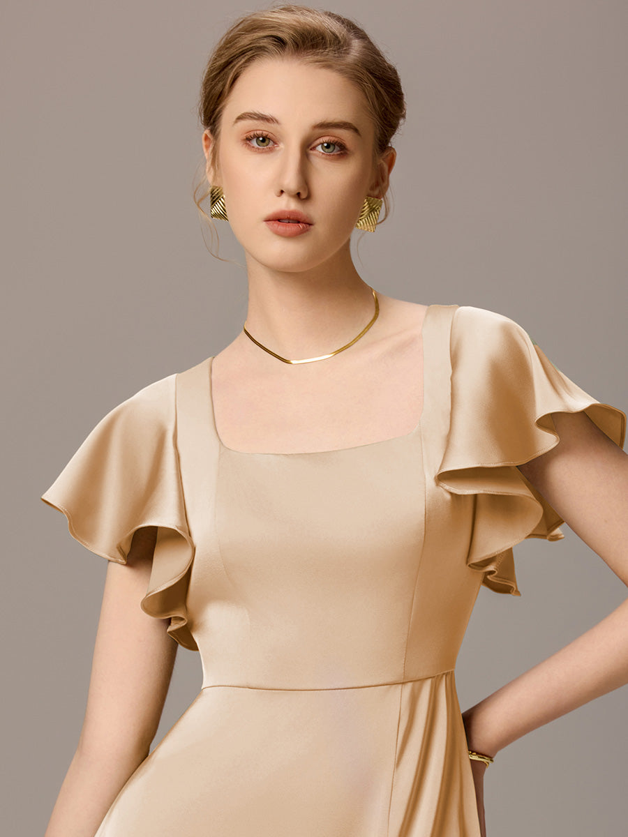 Color=Champagne | Customized Satin Square Neck Short Sleeve Ruffled Maxi Bridesmaid Dress with Pockets-Champagne 9