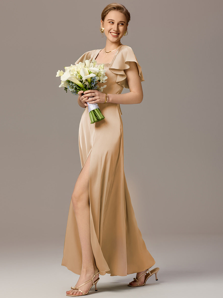 Color=Champagne | Customized Satin Square Neck Short Sleeve Ruffled Maxi Bridesmaid Dress with Pockets-Champagne 7