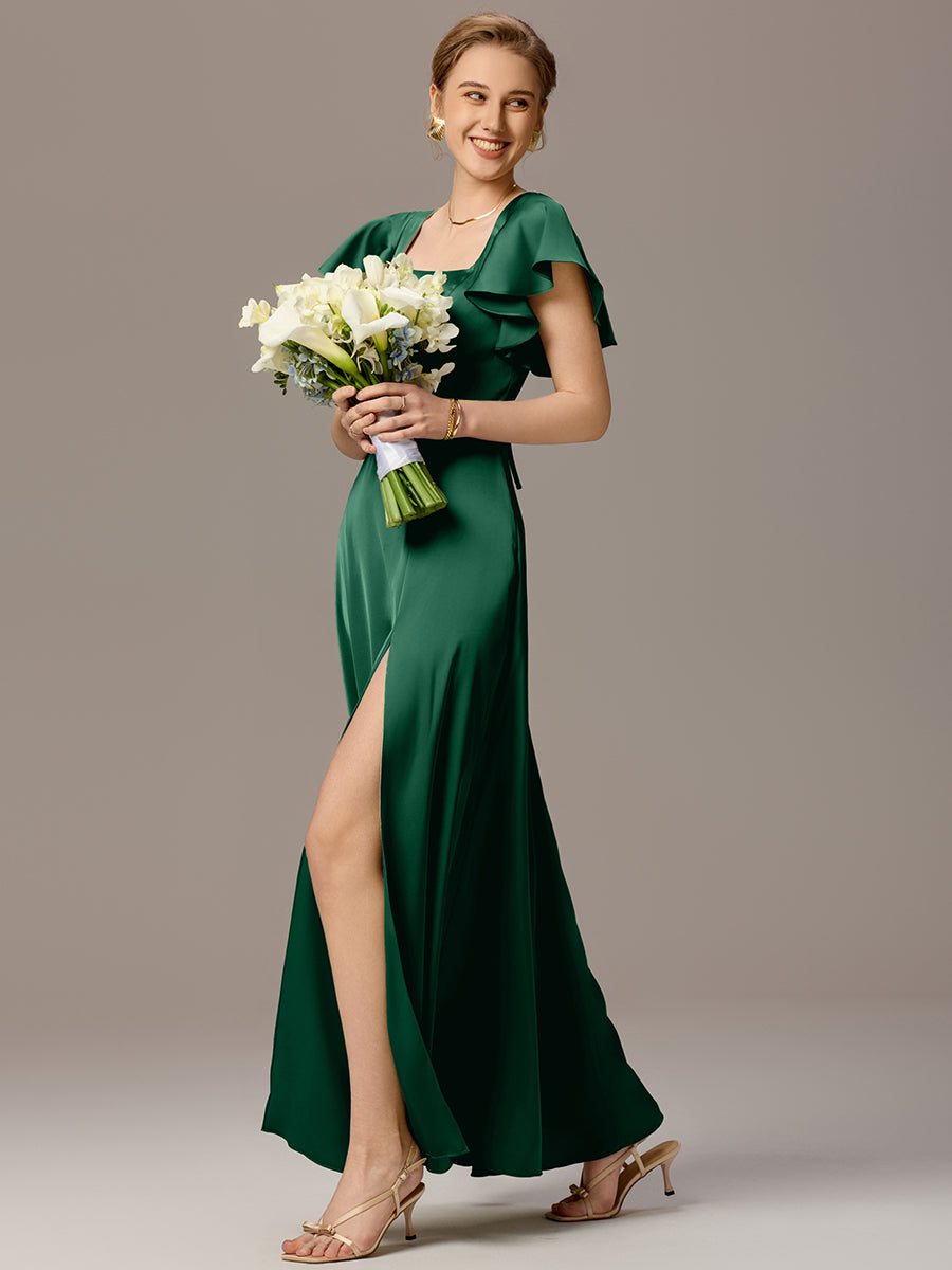 Color=Dark Green | Customized Satin Square Neck Short Sleeve Ruffled Maxi Bridesmaid Dress with Pockets-Dark Green 17