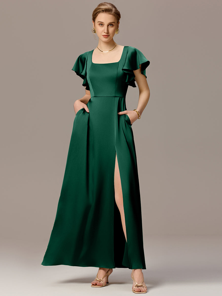 Color=Dark Green | Customized Satin Square Neck Short Sleeve Ruffled Maxi Bridesmaid Dress with Pockets-Dark Green 20