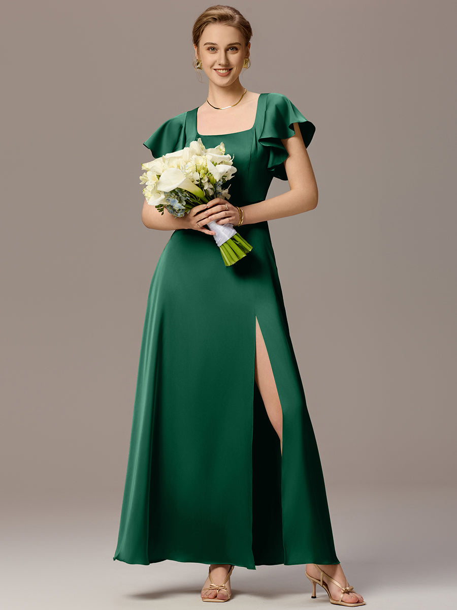 Color=Dark Green | Customized Satin Square Neck Short Sleeve Ruffled Maxi Bridesmaid Dress with Pockets-Dark Green 21