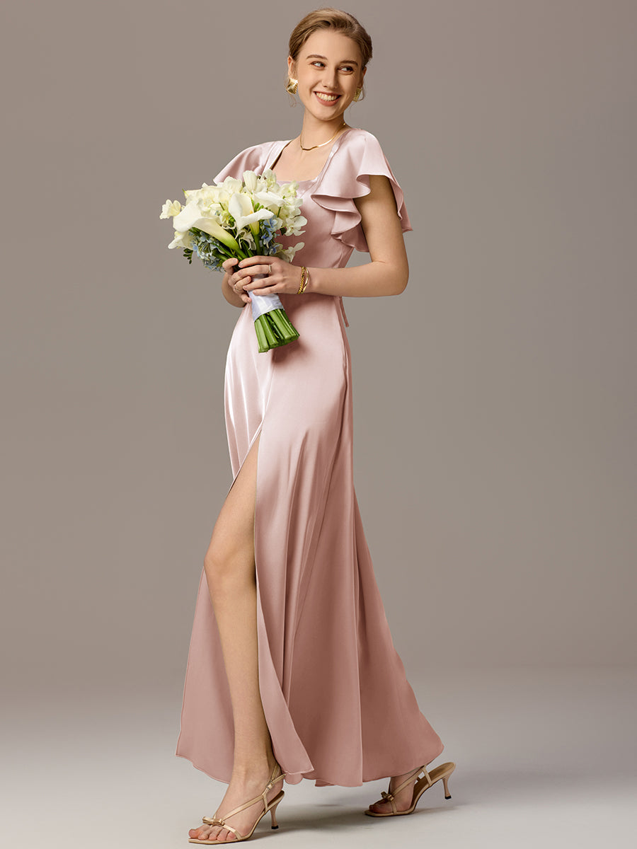 Color=Pink | Customized Satin Square Neck Short Sleeve Ruffled Maxi Bridesmaid Dress with Pockets-Pink 12