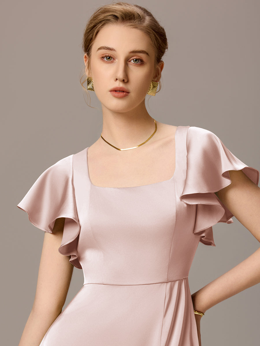 Color=Pink | Customized Satin Square Neck Short Sleeve Ruffled Maxi Bridesmaid Dress with Pockets-Pink 14