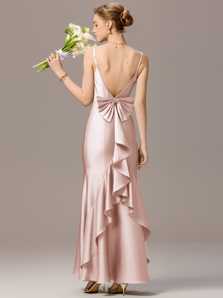 Color=Pink | Custom Made Sleeveless Square Neck Backless Mermaid Floor Length Dress with Bowknot Bridesmaid dresses-Pink 14