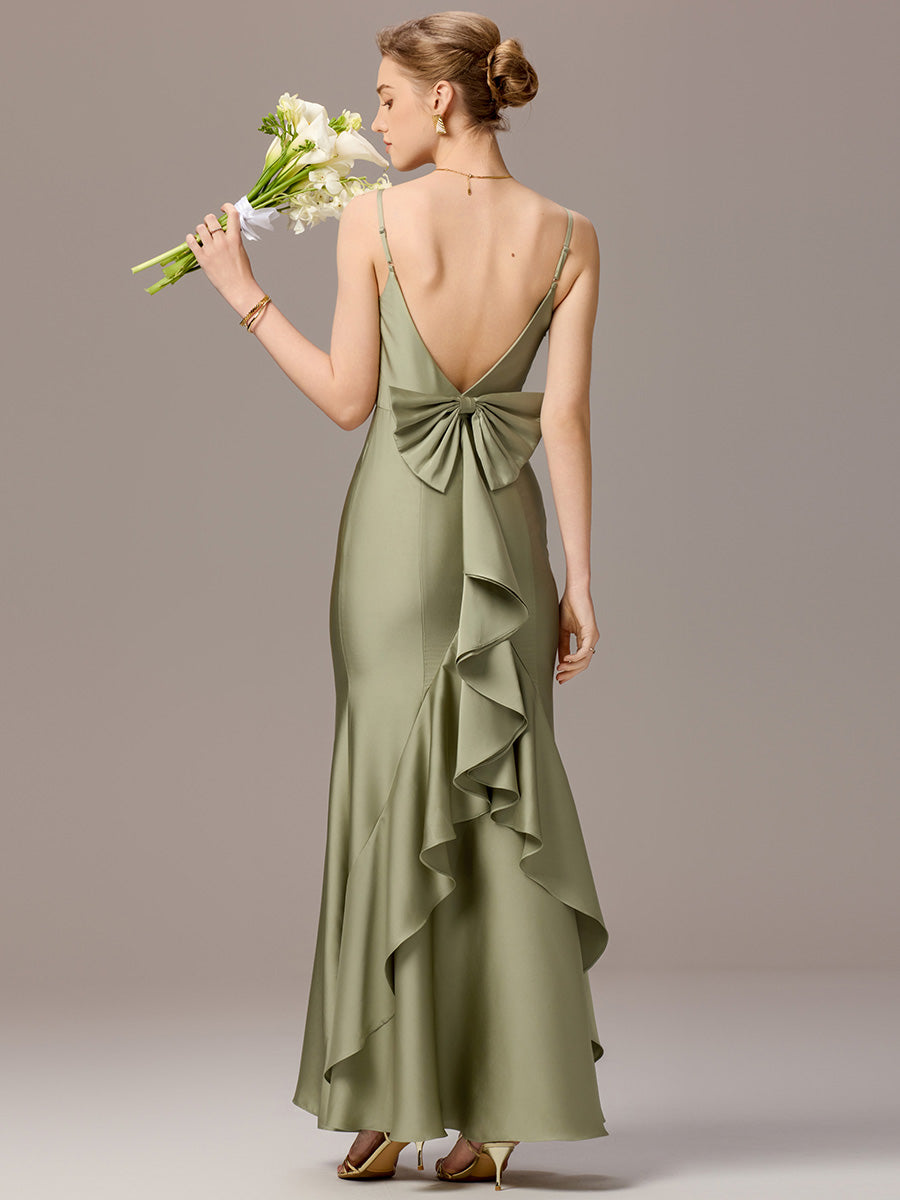Color=Sage Green | Custom Made Sleeveless Square Neck Backless Mermaid Floor Length Dress with Bowknot Bridesmaid dresses-Sage Green 1