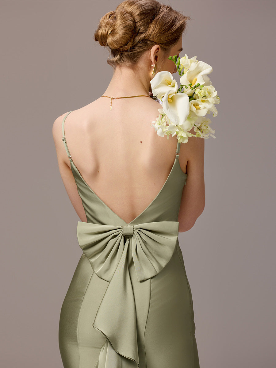Color=Sage Green | Custom Made Sleeveless Square Neck Backless Mermaid Floor Length Dress with Bowknot Bridesmaid dresses-Sage Green 3