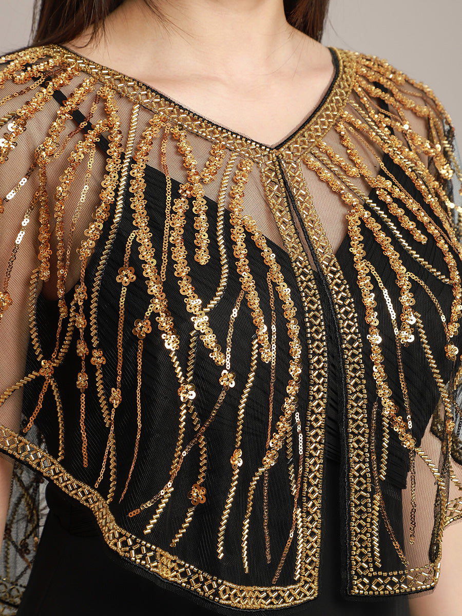 Vintage Gold Sequin Beaded Mesh Shawl, Art Deco Flapper Style