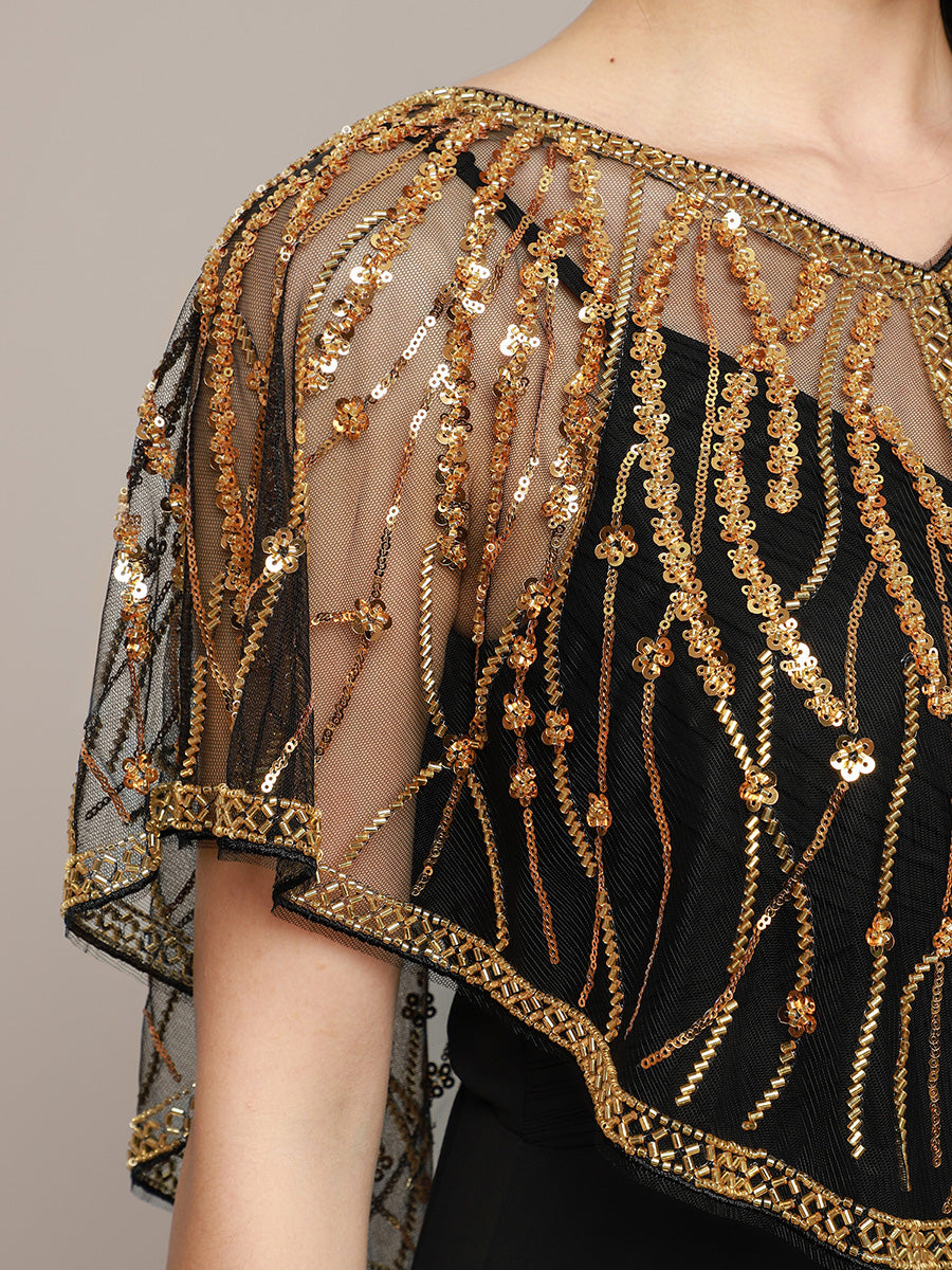 Vintage Gold Sequin Beaded Mesh Shawl, Art Deco Flapper Style