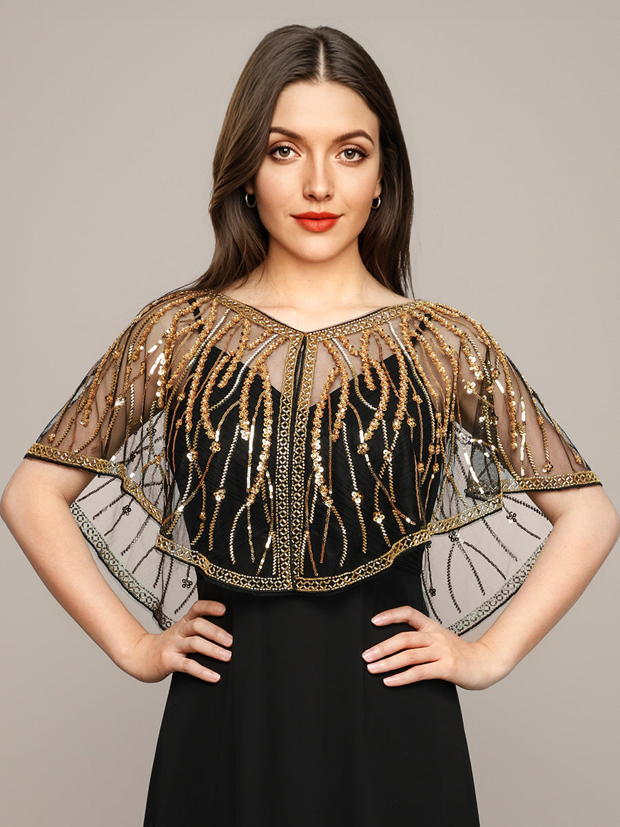 Vintage Gold Sequin Beaded Mesh Shawl, Art Deco Flapper Style