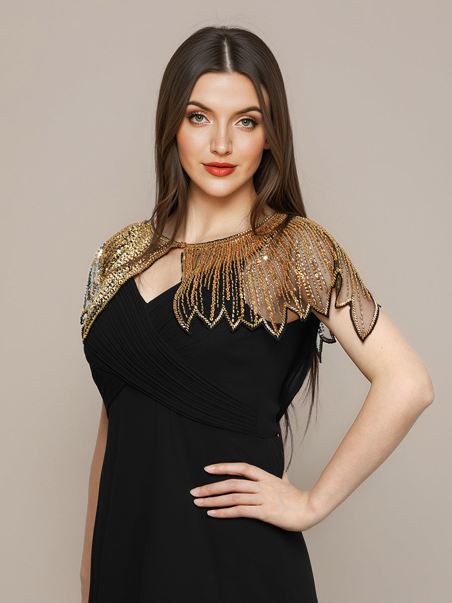 Vintage Black Gold Sequin Beaded Shawl, Art Deco Flapper Style