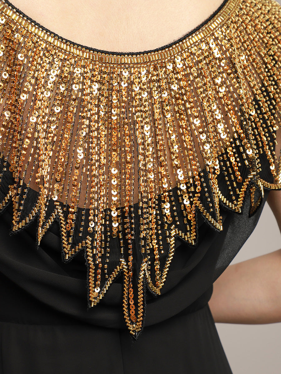 Vintage Black Gold Sequin Beaded Shawl, Art Deco Flapper Style