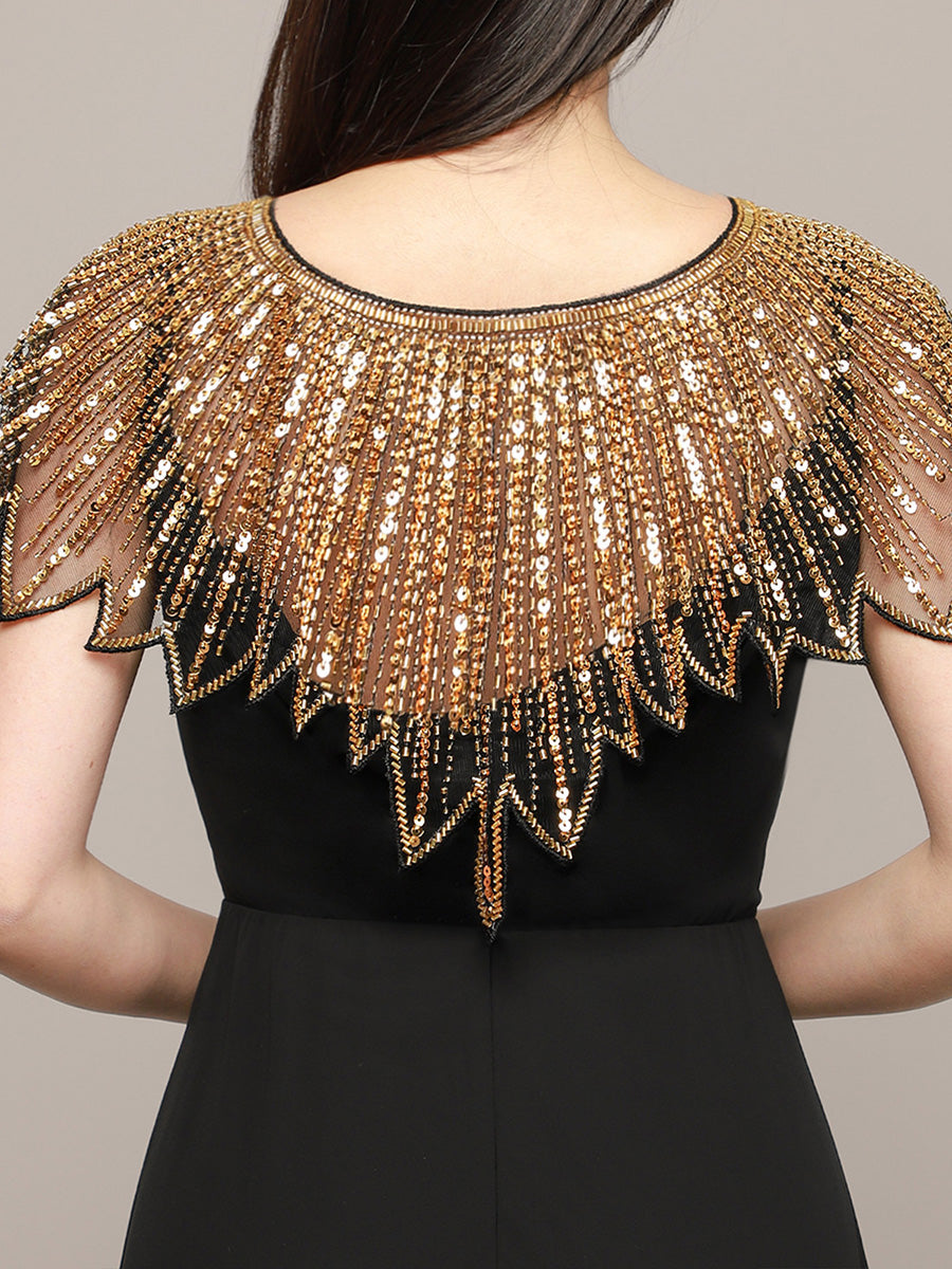 Vintage Black Gold Sequin Beaded Shawl, Art Deco Flapper Style