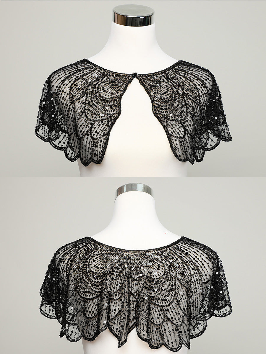 Flapper Style Vintage Black Lace Shawl with Sequin Beading