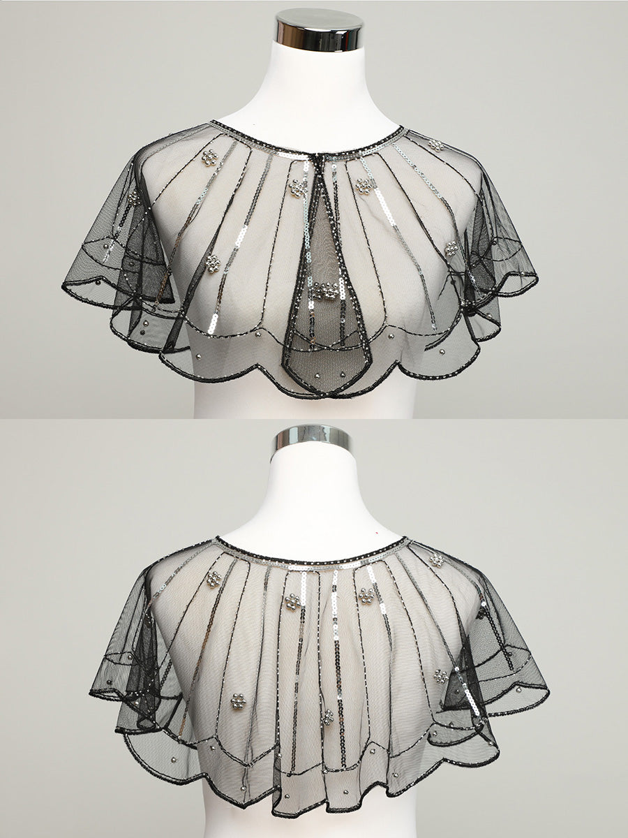 Flapper Style Vintage Black Mesh Shawl with Silver Sequins & Beads