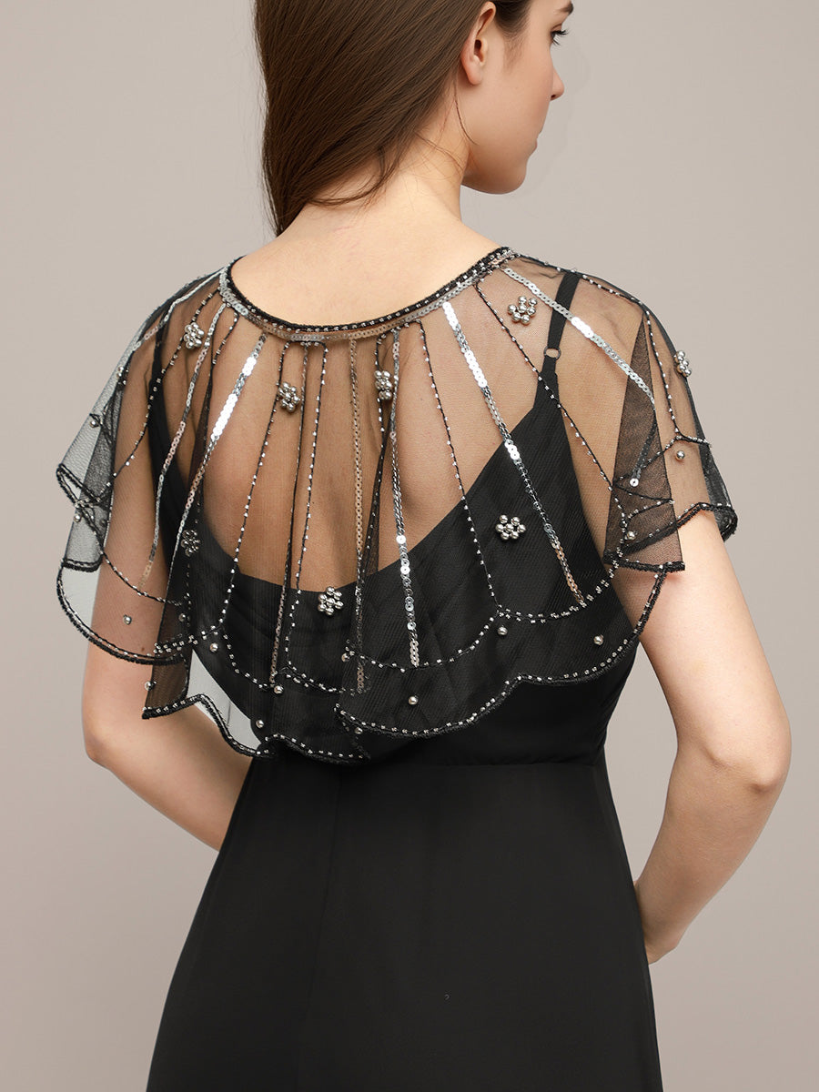 Flapper Style Vintage Black Mesh Shawl with Silver Sequins & Beads