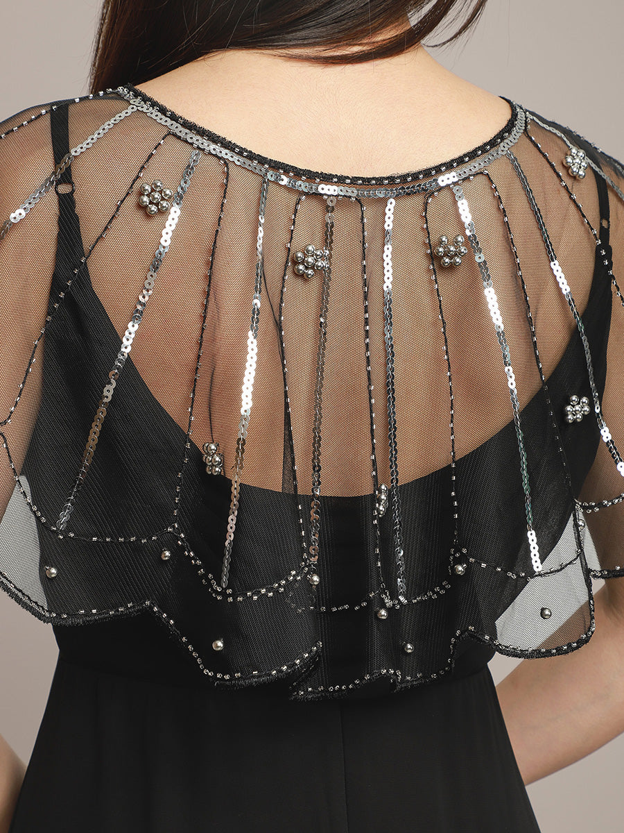 Flapper Style Vintage Black Mesh Shawl with Silver Sequins & Beads
