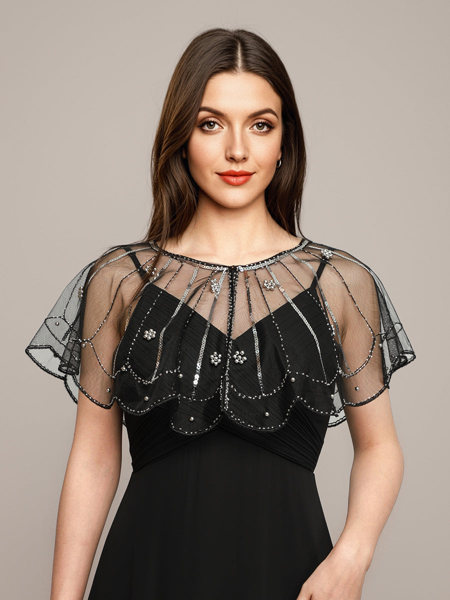 Flapper Style Vintage Black Mesh Shawl with Silver Sequins & Beads