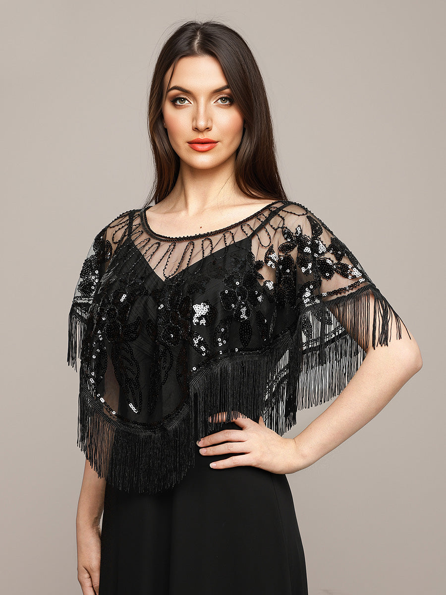 Vintage Black Sequin Embroidered Fringe Shawl