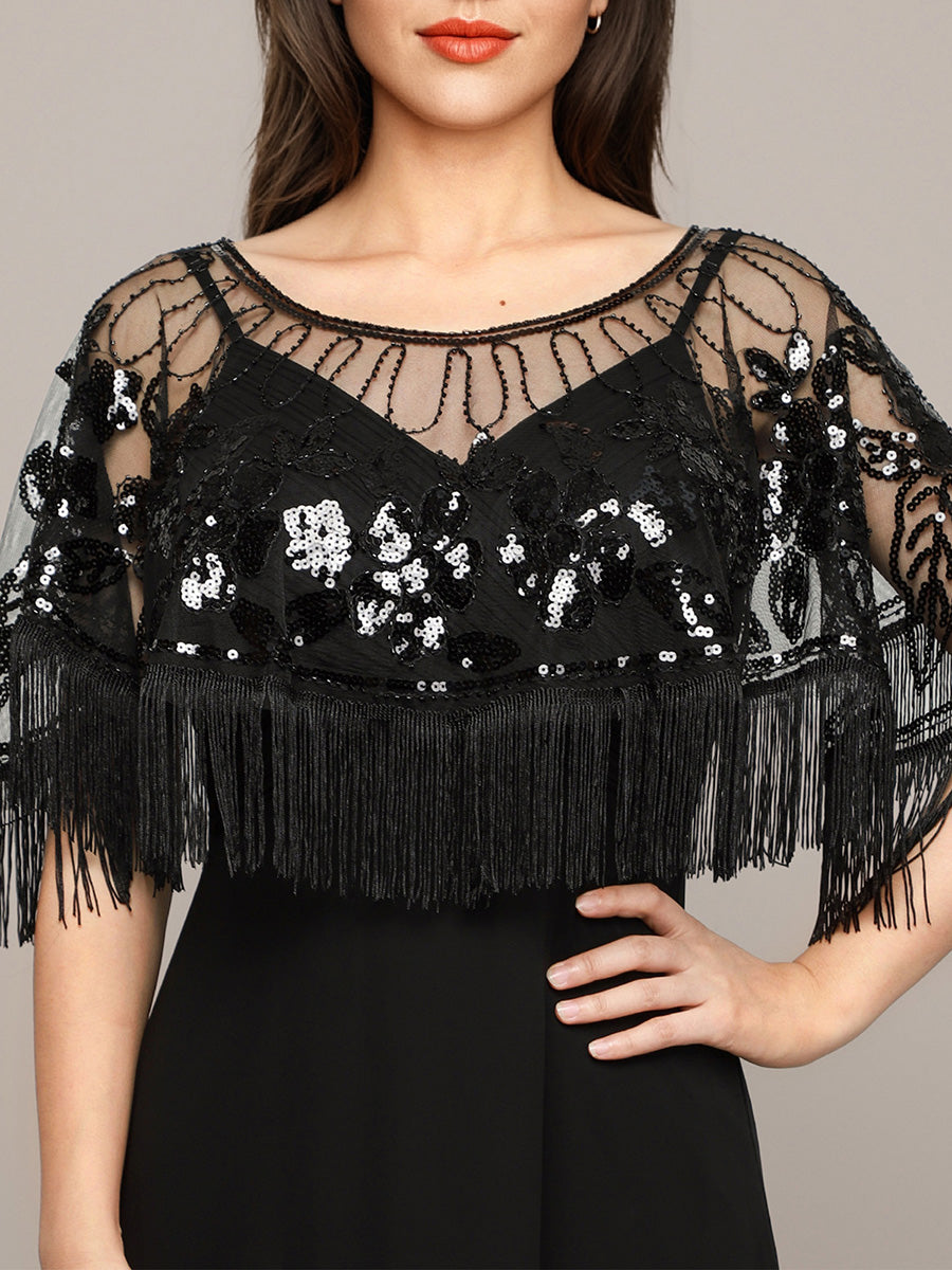 Vintage Black Sequin Embroidered Fringe Shawl