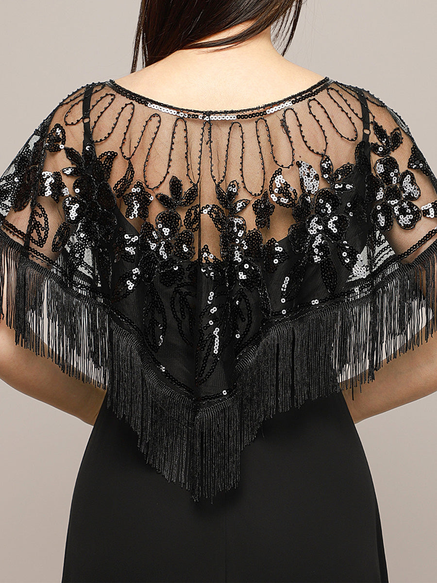 Vintage Black Sequin Embroidered Fringe Shawl