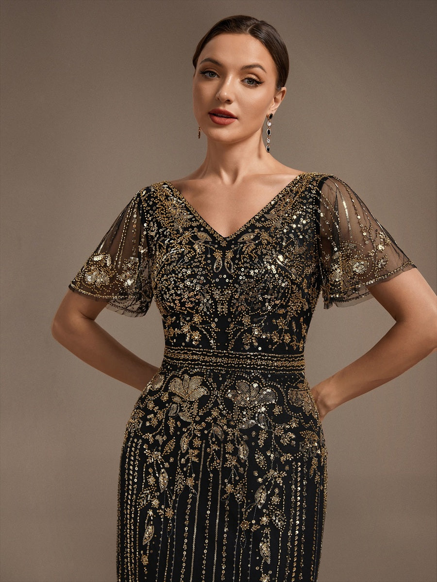 Volume Discounts Plus Size Short Sleeve Tulle Sheath V-Neck Ruffle Cocktail Dresses - EC00404KG-R5.jpg