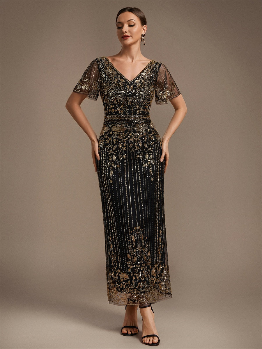 Volume Discounts Plus Size Short Sleeve Tulle Sheath V-Neck Ruffle Cocktail Dresses - EC00404KG-R8.jpg