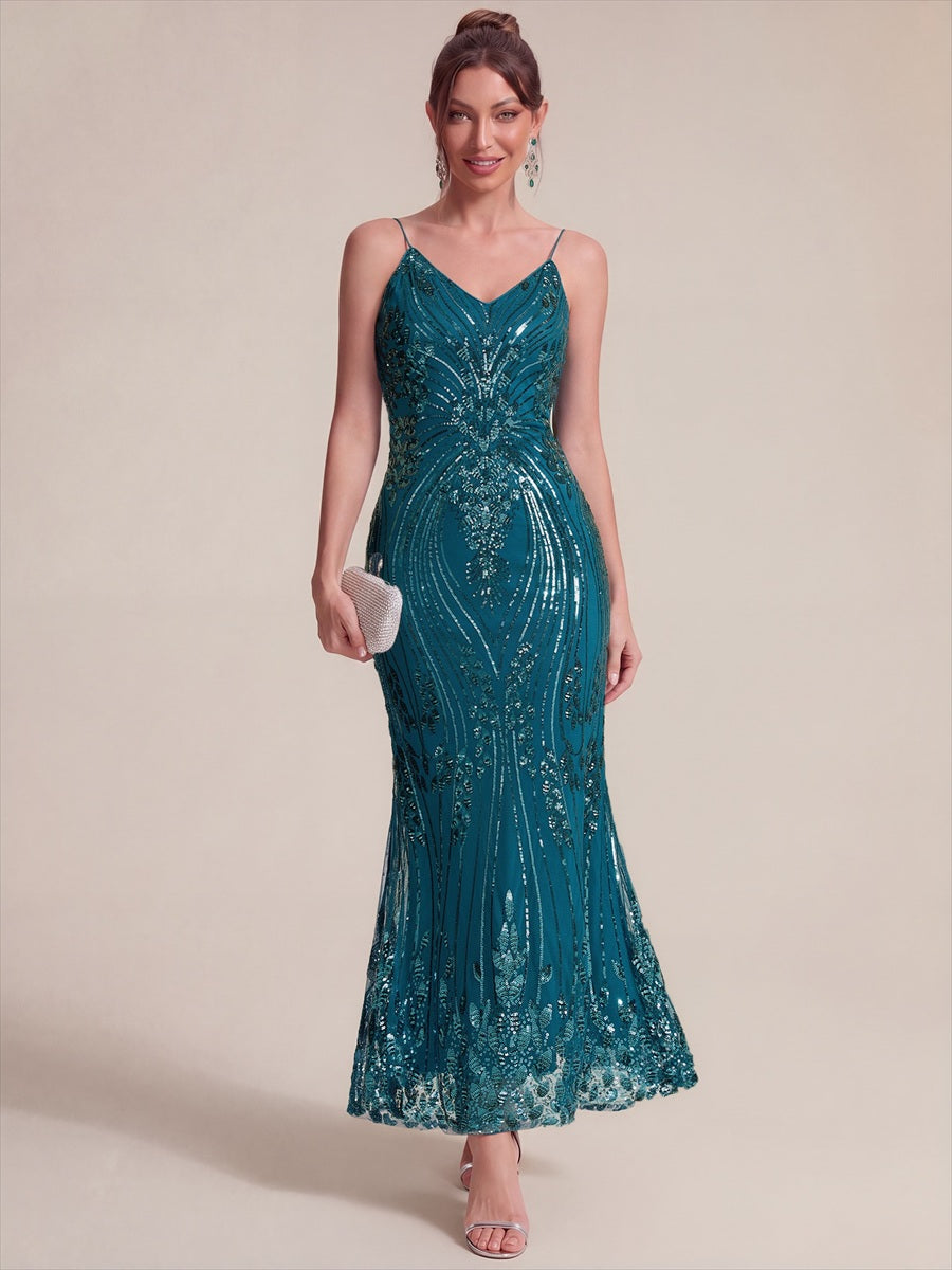 EC02798TB | Sequin Sleeveless Sheath Midi Cocktail Dress