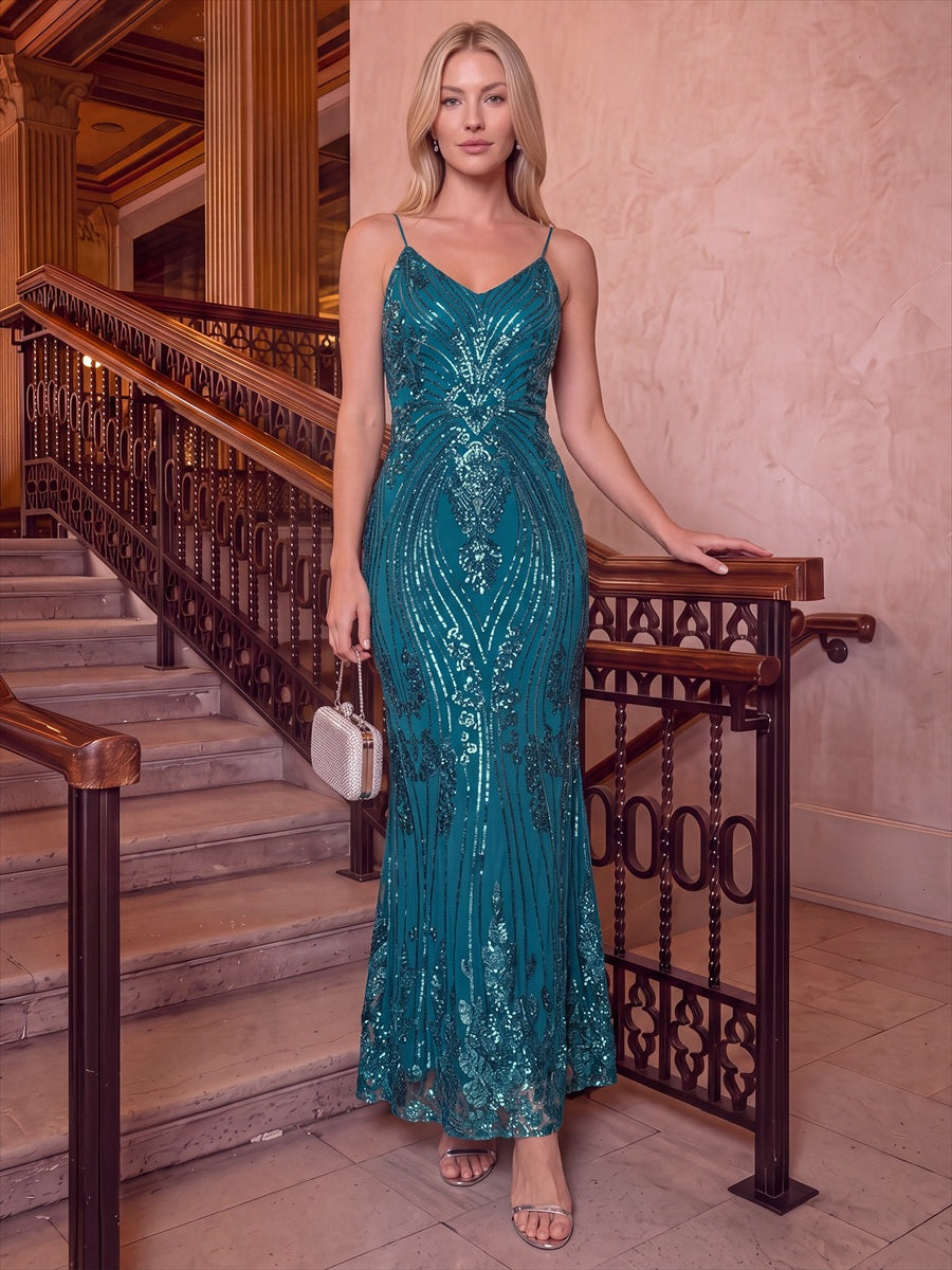 EC02798TB | Sequin Sleeveless Sheath Midi Cocktail Dress