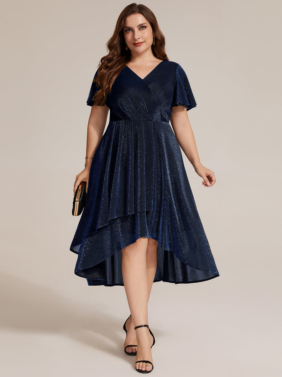 Color=Navy Blue | Bulk Order Short Sleeve Ruffle A-Line High Stretch Cross-over Cocktail Dresses-Navy Blue 6