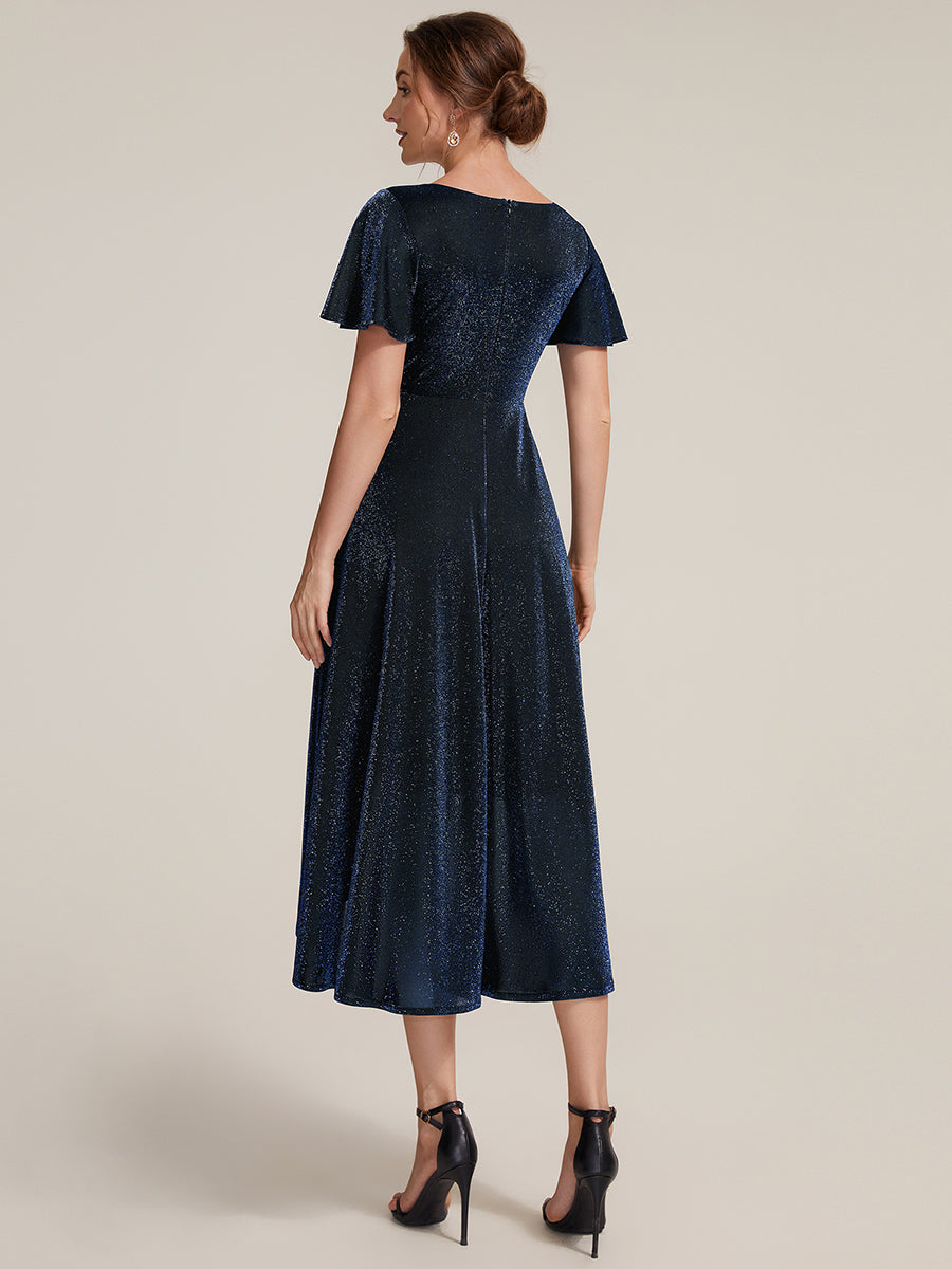Color=Navy Blue | Bulk Order Short Sleeve Ruffle A-Line High Stretch Cross-over Cocktail Dresses-Navy Blue 2