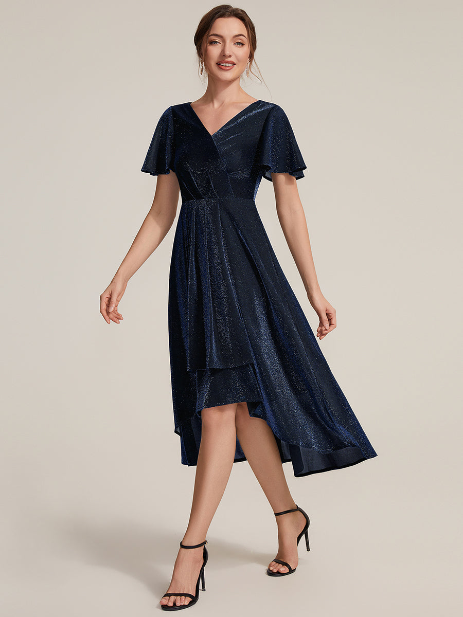 Color=Navy Blue | Bulk Order Short Sleeve Ruffle A-Line High Stretch Cross-over Cocktail Dresses-Navy Blue 4