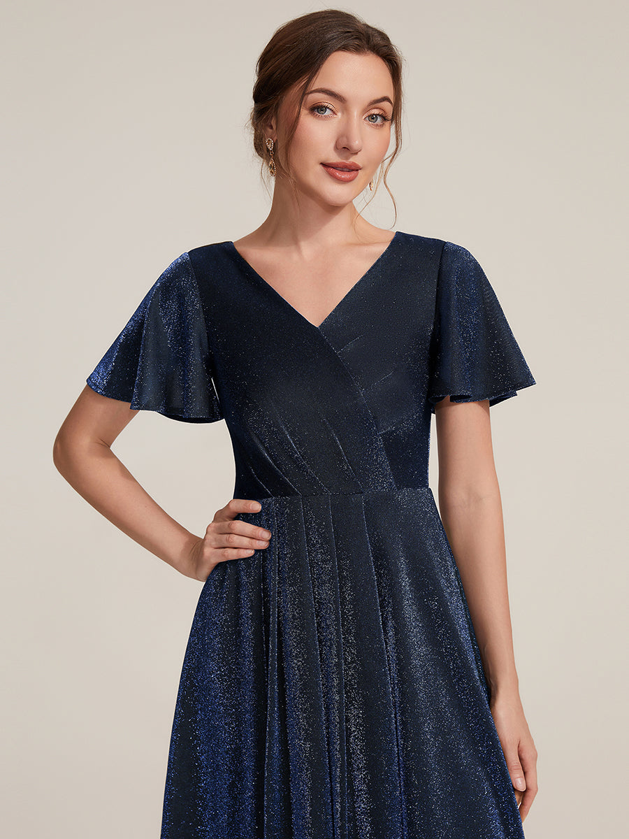 Color=Navy Blue | Bulk Order Short Sleeve Ruffle A-Line High Stretch Cross-over Cocktail Dresses-Navy Blue 3