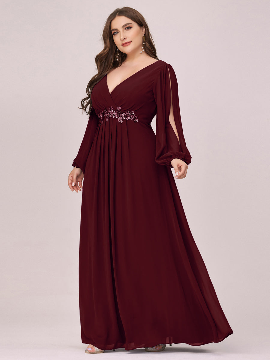 Color=Burgundy | One Stop Shop Long Sleeve Lantern Sleeve Deep V-Neck A-Line Floor Length Evening Dresses-Burgundy 9