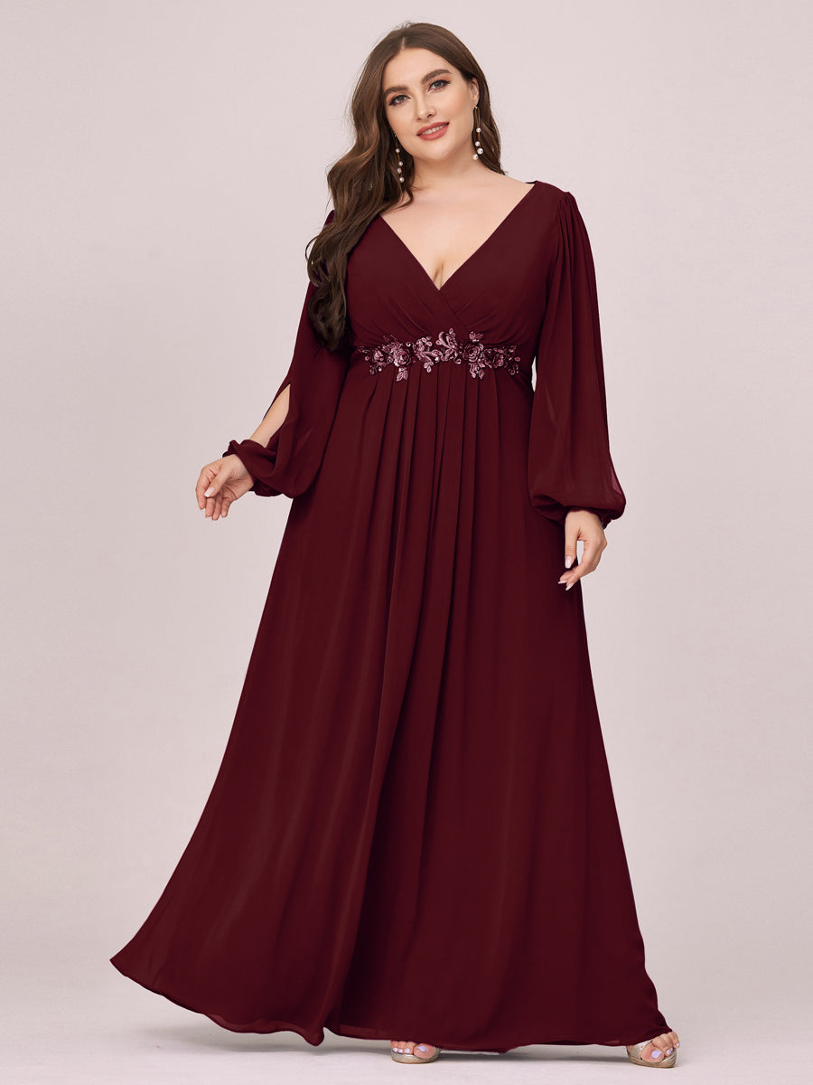 Color=Burgundy | One Stop Shop Long Sleeve Lantern Sleeve Deep V-Neck A-Line Floor Length Evening Dresses-Burgundy 10