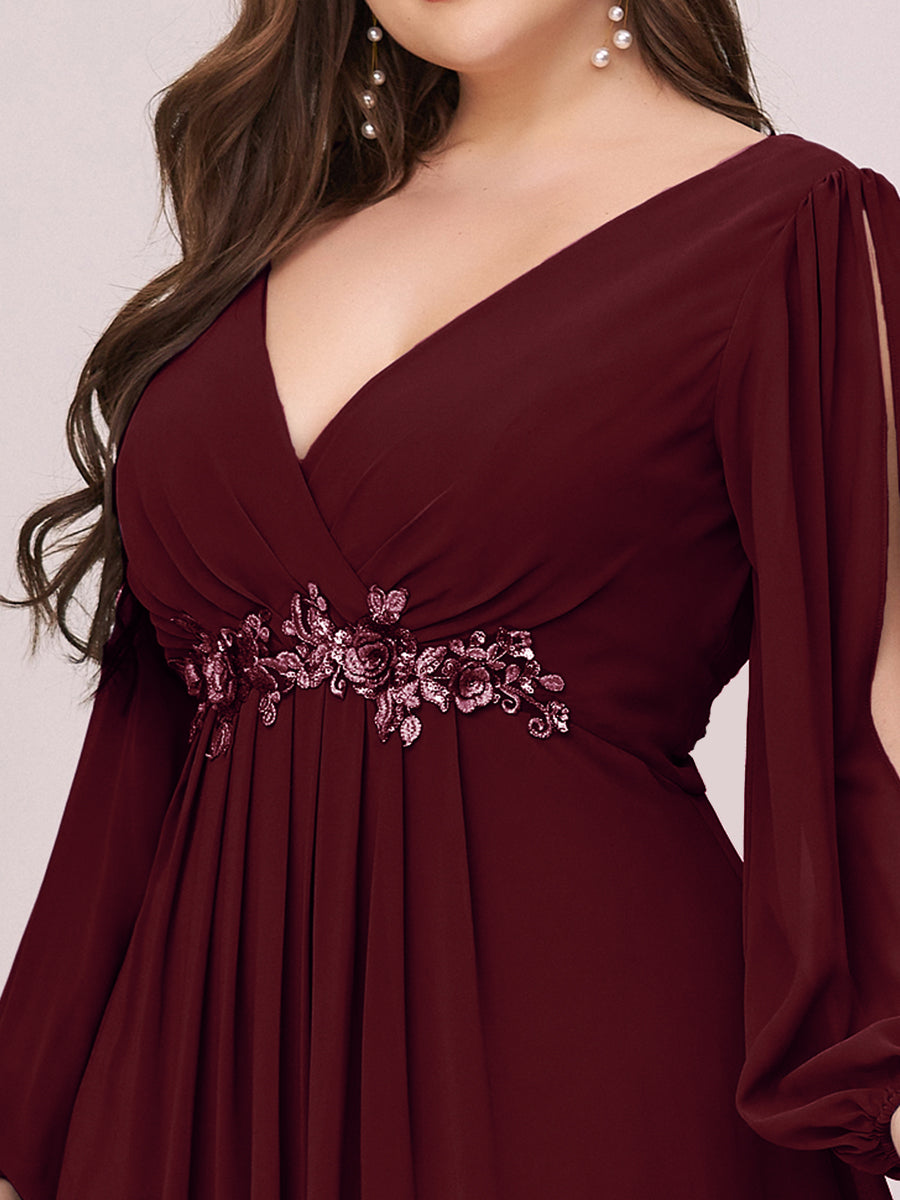 Color=Burgundy | One Stop Shop Long Sleeve Lantern Sleeve Deep V-Neck A-Line Floor Length Evening Dresses-Burgundy 8