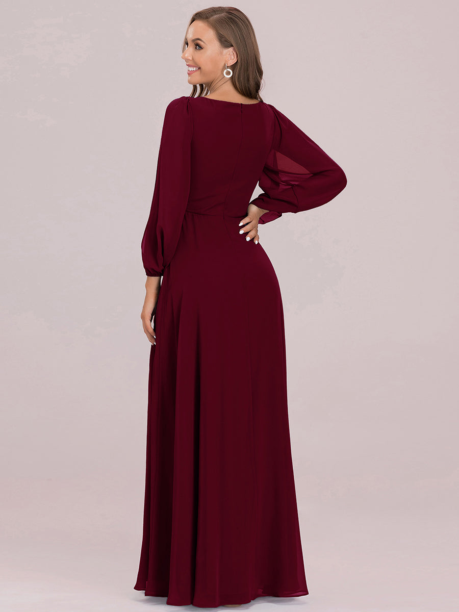 Color=Burgundy | Factory Design Long Sleeve A-Line Floor Length Deep V-Neck Evening Dresses-Burgundy 2