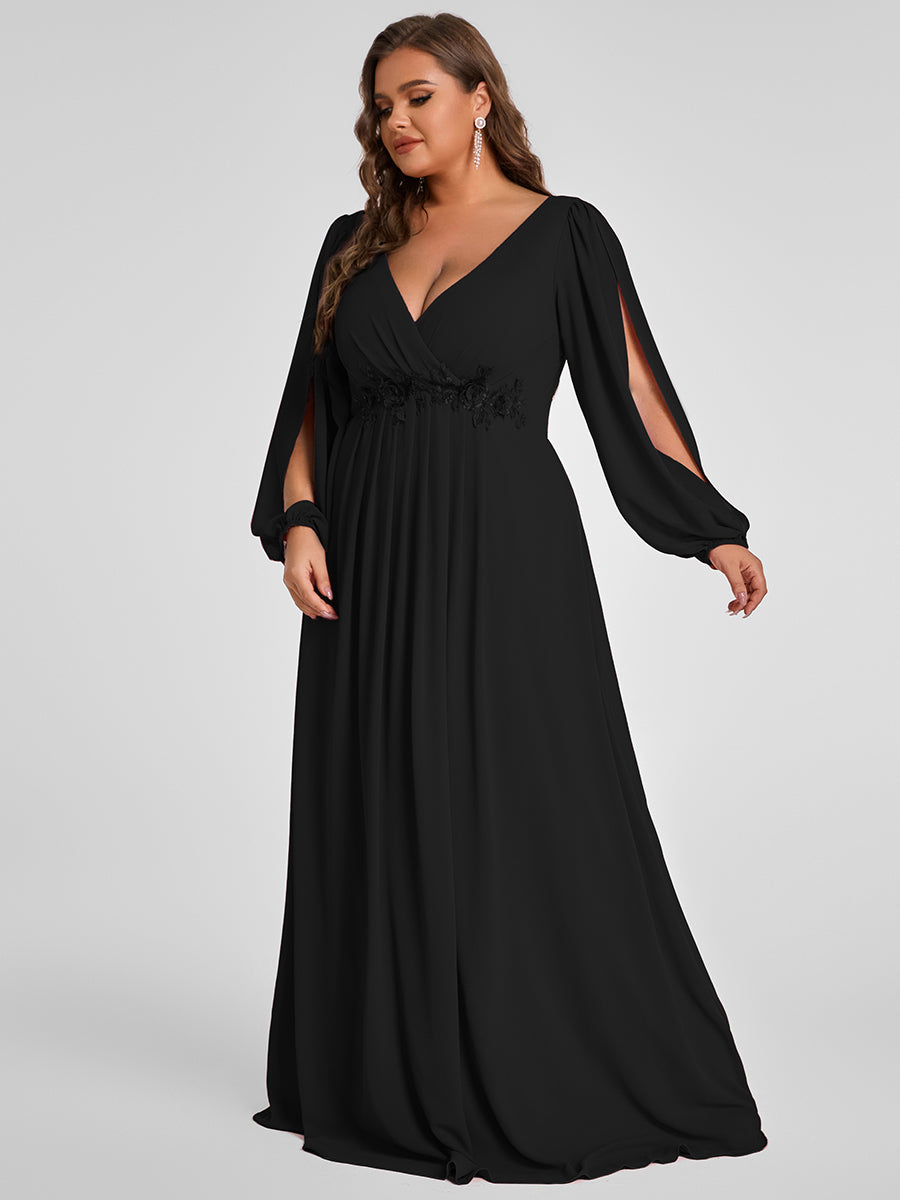 Color=Black | One Stop Shop Long Sleeve Lantern Sleeve Deep V-Neck A-Line Floor Length Evening Dresses-Black 16