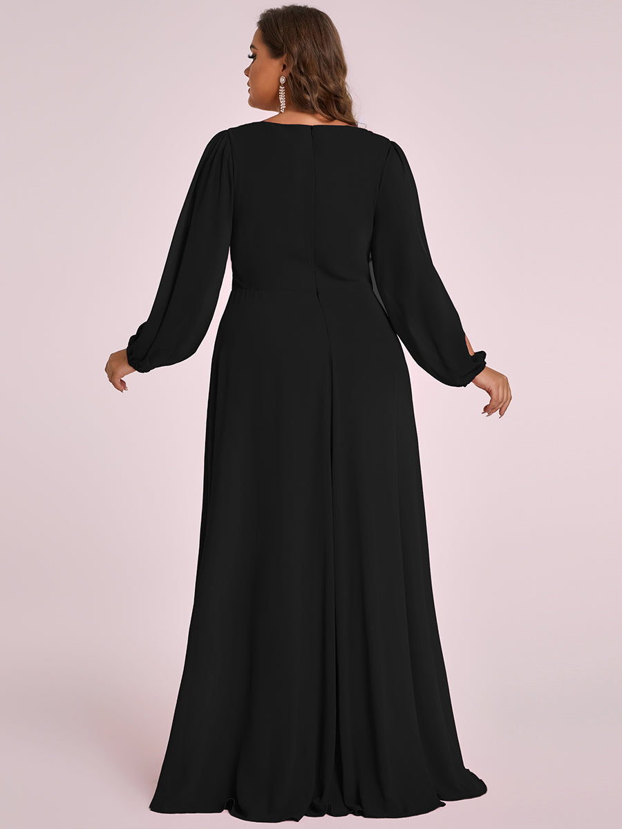 Color=Black | One Stop Shop Long Sleeve Lantern Sleeve Deep V-Neck A-Line Floor Length Evening Dresses-Black 17