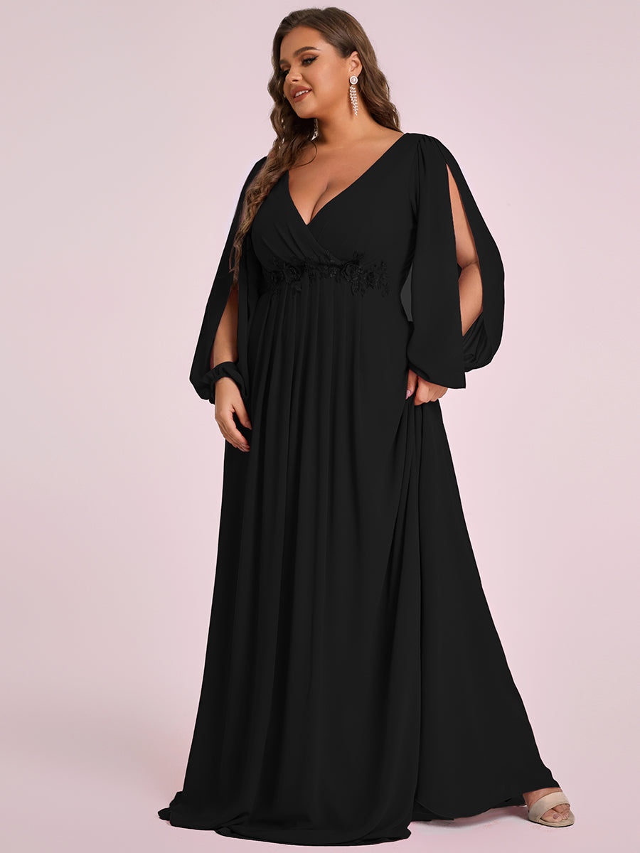 Color=Black | One Stop Shop Long Sleeve Lantern Sleeve Deep V-Neck A-Line Floor Length Evening Dresses-Black 19