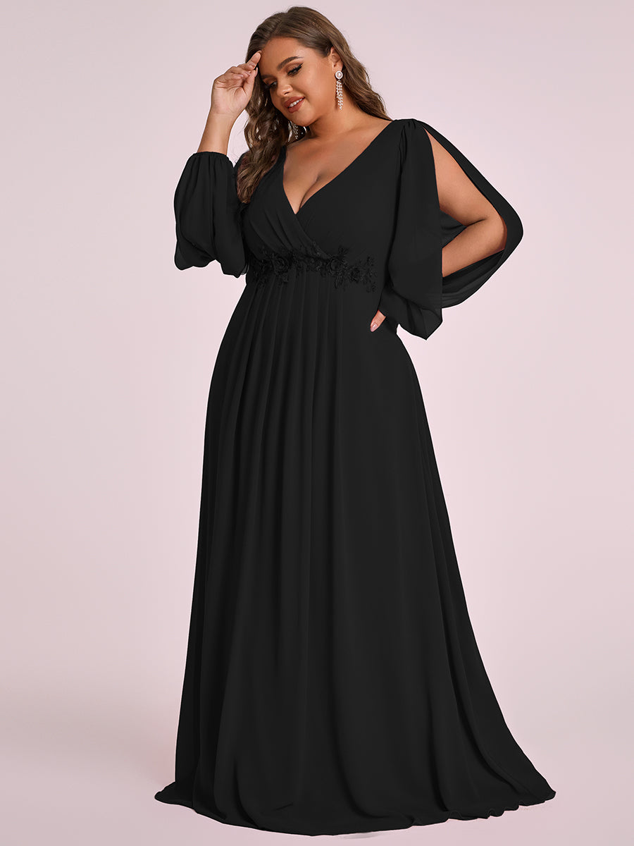 Color=Black | One Stop Shop Long Sleeve Lantern Sleeve Deep V-Neck A-Line Floor Length Evening Dresses-Black 20