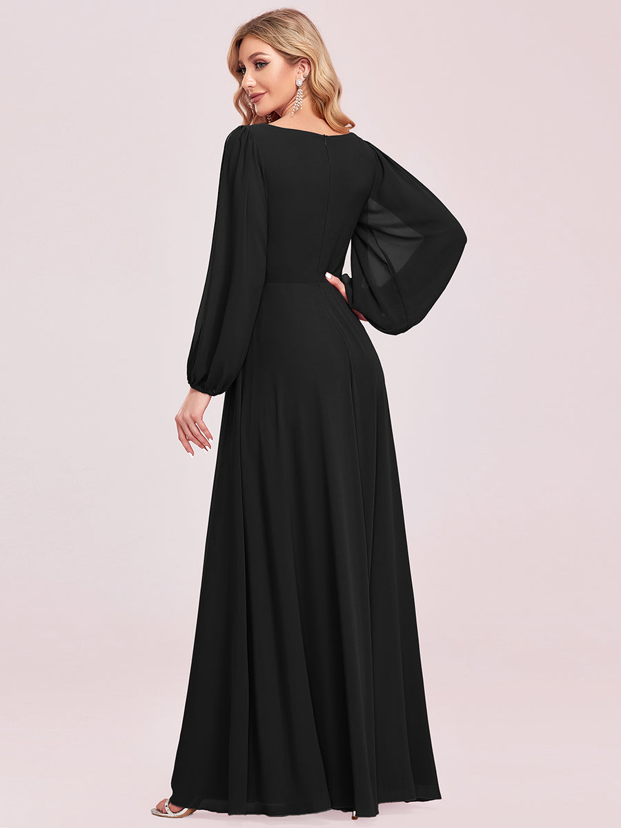 Color=Black | One Stop Shop Long Sleeve Lantern Sleeve Deep V-Neck A-Line Floor Length Evening Dresses-Black 12