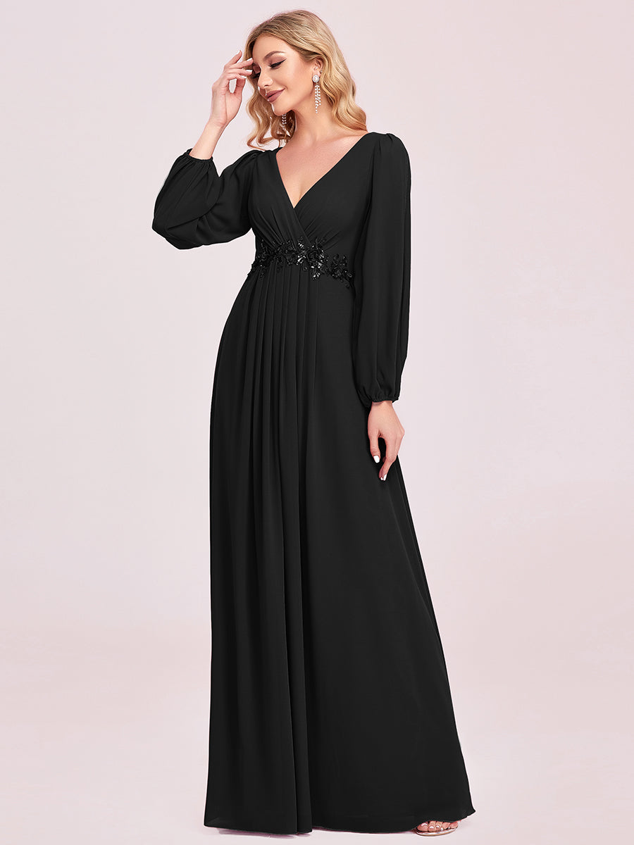 Color=Black | One Stop Shop Long Sleeve Lantern Sleeve Deep V-Neck A-Line Floor Length Evening Dresses-Black 14