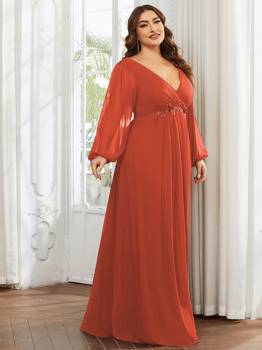 Color=Burnt Orange | One Stop Shop Long Sleeve Lantern Sleeve Deep V-Neck A-Line Floor Length Evening Dresses-Burnt Orange 30