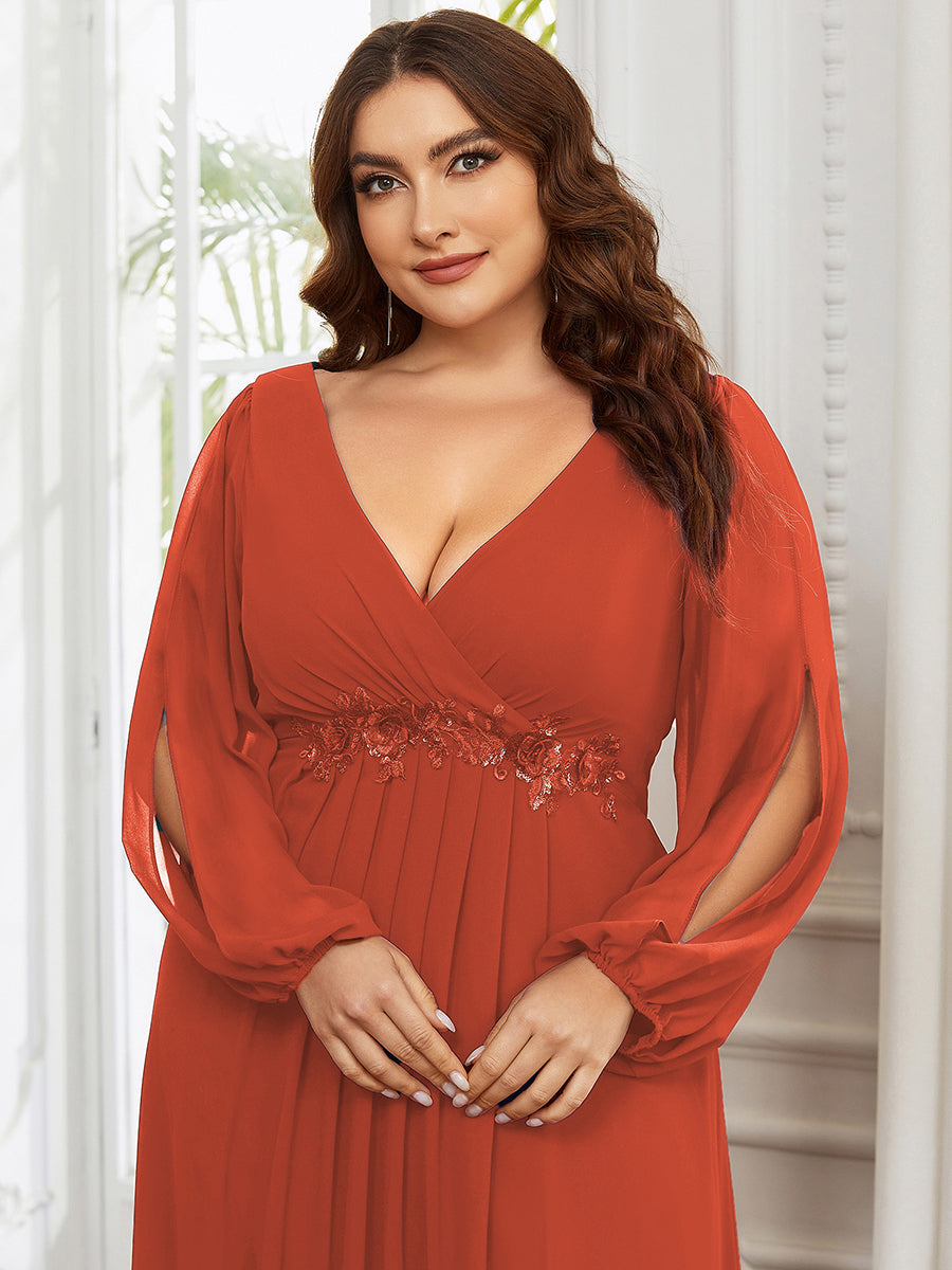 Color=Burnt Orange | One Stop Shop Long Sleeve Lantern Sleeve Deep V-Neck A-Line Floor Length Evening Dresses-Burnt Orange 28