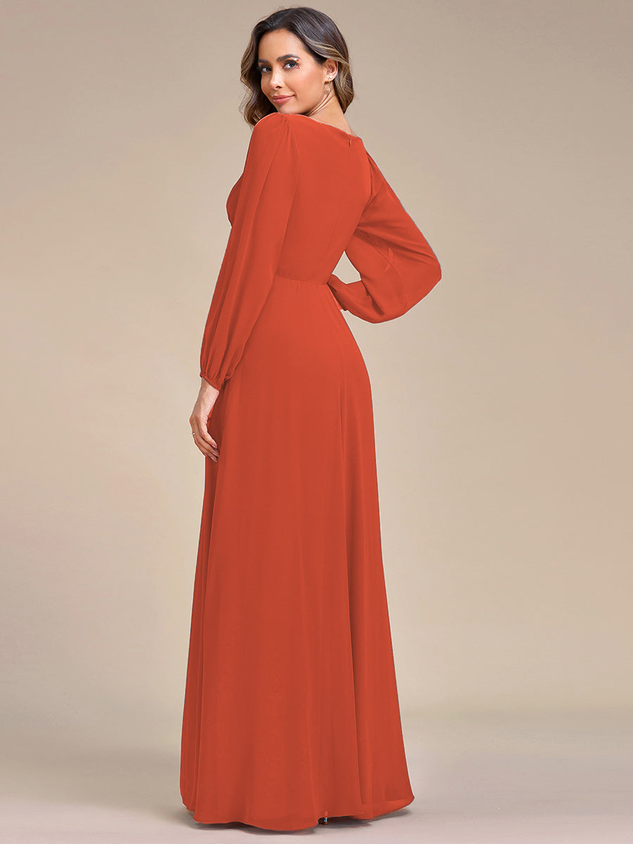 Color=Burnt Orange | One Stop Shop Long Sleeve Lantern Sleeve Deep V-Neck A-Line Floor Length Evening Dresses-Burnt Orange 22